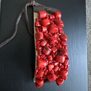 Lucky Brand coral beads ,genuine leather ,canvas Red bracelet